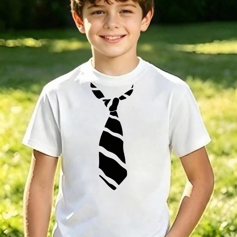 Stylish Boys Tie Graphic Soft Light Fabric Crew Neck Short Sleeve Daily Casual Top Machine Washable Outdoor Street Wear