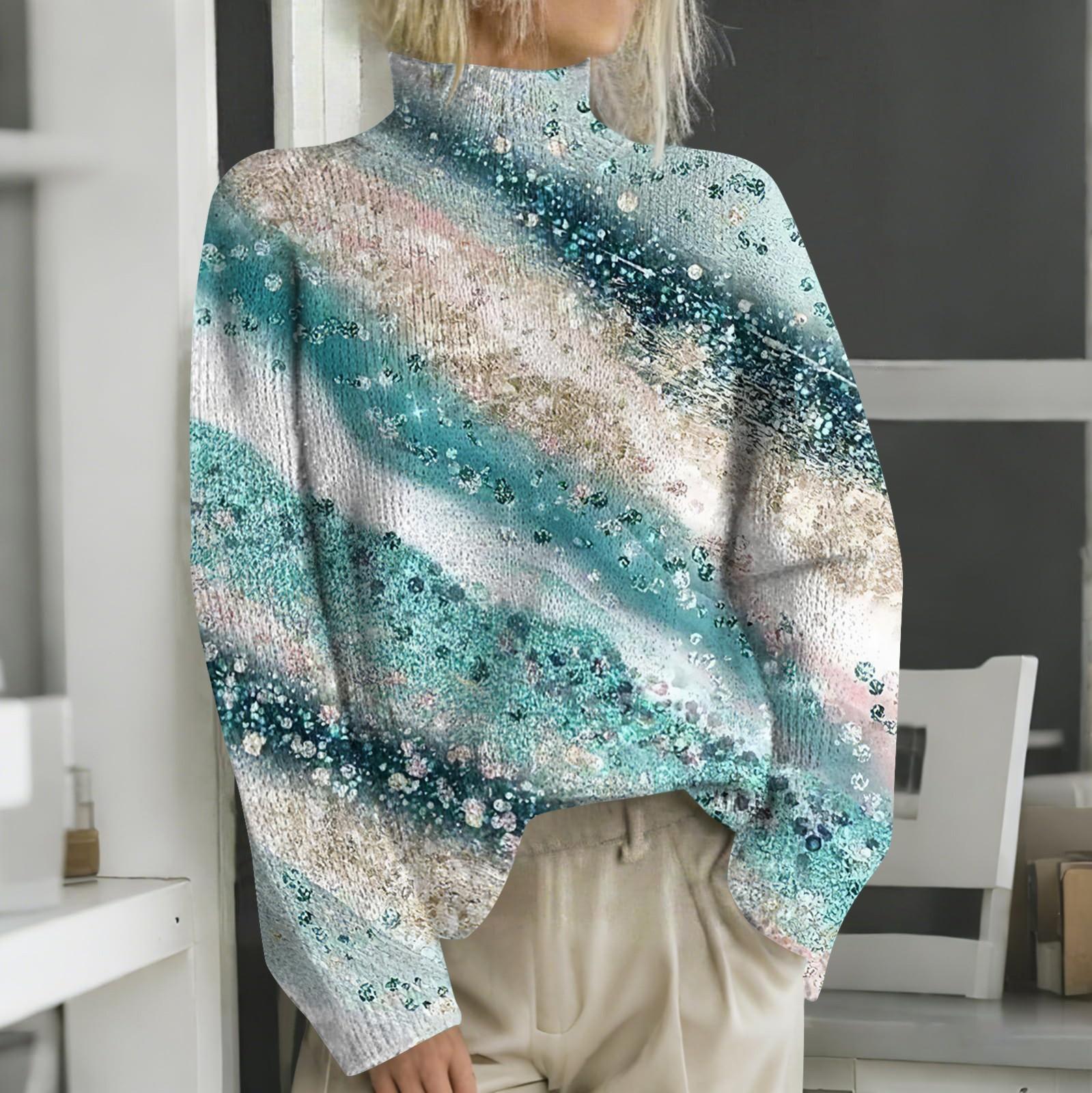 Женская мода повседневная с длинным рукавом и принтом с высоким воротом шерстяной трикотаж L армия зеленый 2270₽