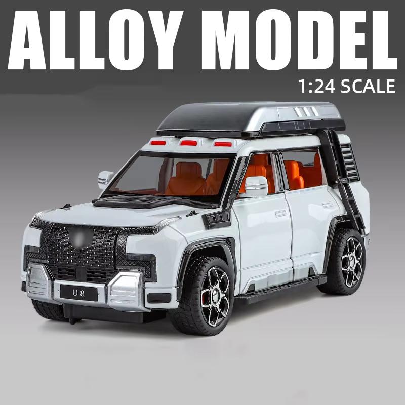 1:24 BYD U8 SUV Terrengkjøretøy Legering Mikrobil Støpt Metall Skalamodell Lyd og Lys Leketøy for Barn Gutt Samlerobjekter Ornamenter