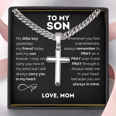 Stainless Steel "To My Son" Cross Pendant Necklace with Gift Box and Card