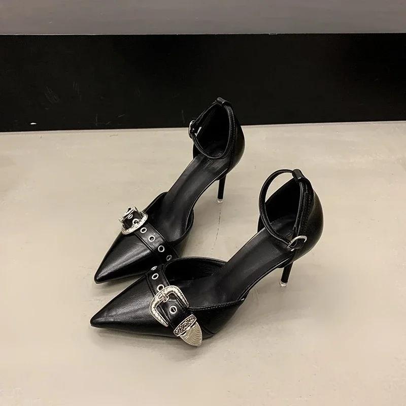 Fashion Summer New Pointed Toe Shallow Mouth Metal Buckle Strap Pumps Wear-Resistant Sandals Pointed Toe High Heels Shoes for Women