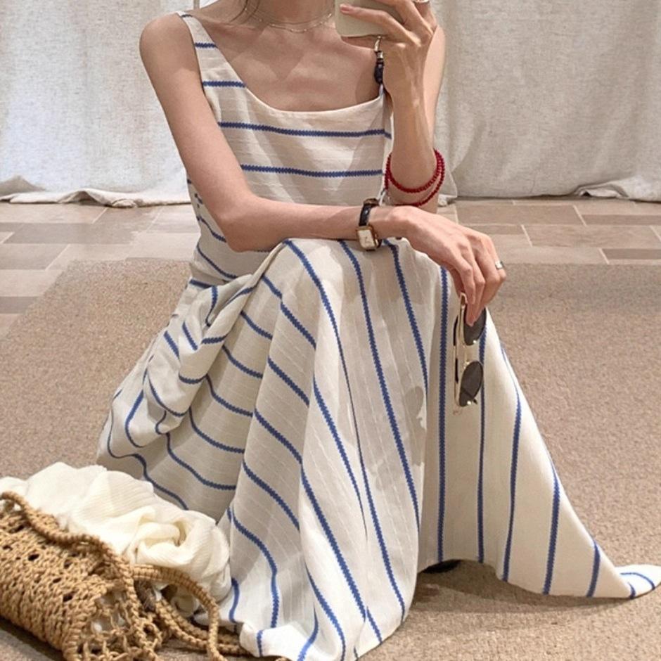 Blue striped suspender dress children summer seaside vacation irregular hollow splicing waist vest long dress