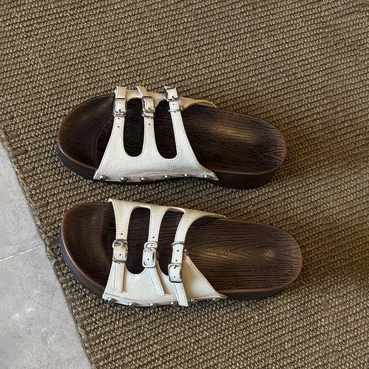 

Cowhide leather Spice Girl Millennium style one-word slippers women s thick-soled wood grain soft-soled temperament retro cool slippers summer 40