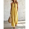 Maxi Abito in Lino con Scollo all'americana Senza Maniche, Schiena Scoperta Ampio Svasato con Tasche Vestito Estivo, Leggero Monocromatico Outfit Casual per Spiaggia Resort Vacanza Uso Quotidiano