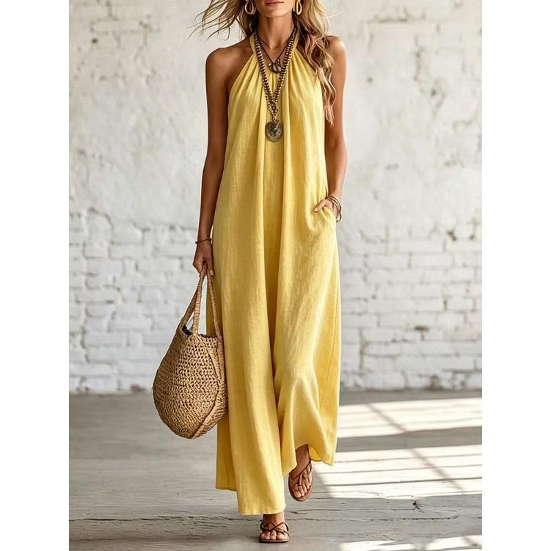 Maxi Abito in Lino con Scollo all'americana Senza Maniche, Schiena Scoperta Ampio Svasato con Tasche Vestito Estivo, Leggero Monocromatico Outfit Casual per Spiaggia Resort Vacanza Uso Quotidiano