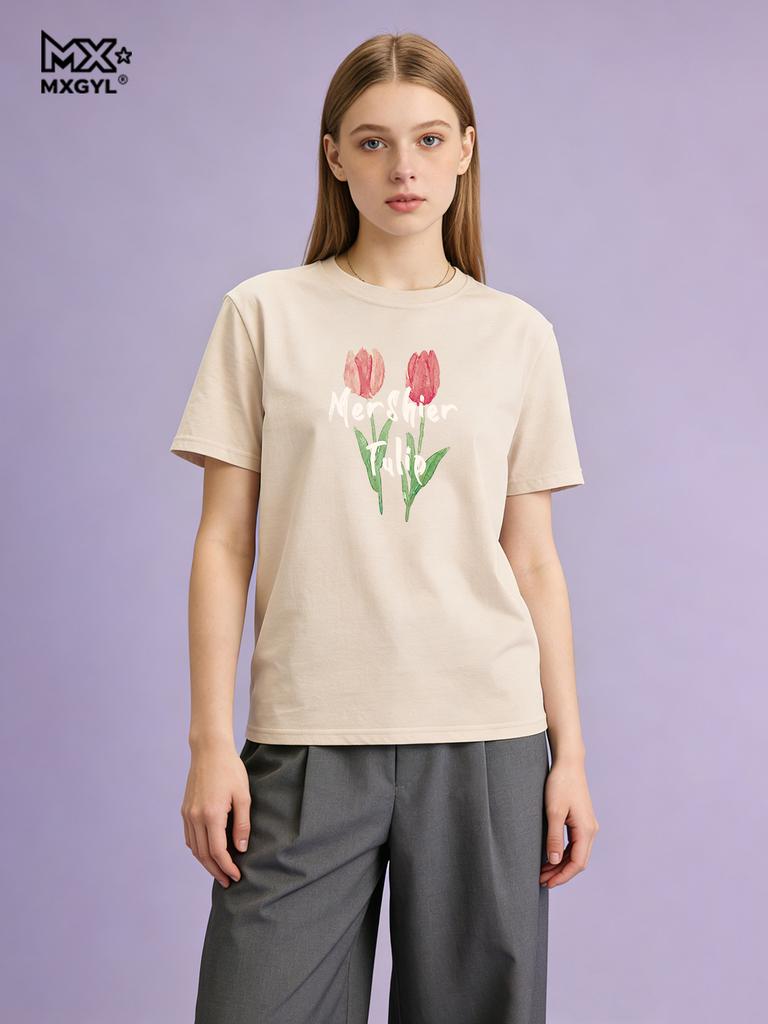 Summer T-shirt 2026 New Style Women Print Tulips T Shirt Students Casual Tee Top Female Short Sleeves Loose T-shirt