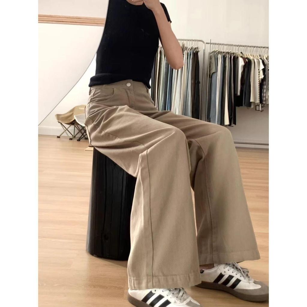 Women's Khaki Wide Leg Jeans - High Waist, Slimming, Versatile for Spring & Autumn