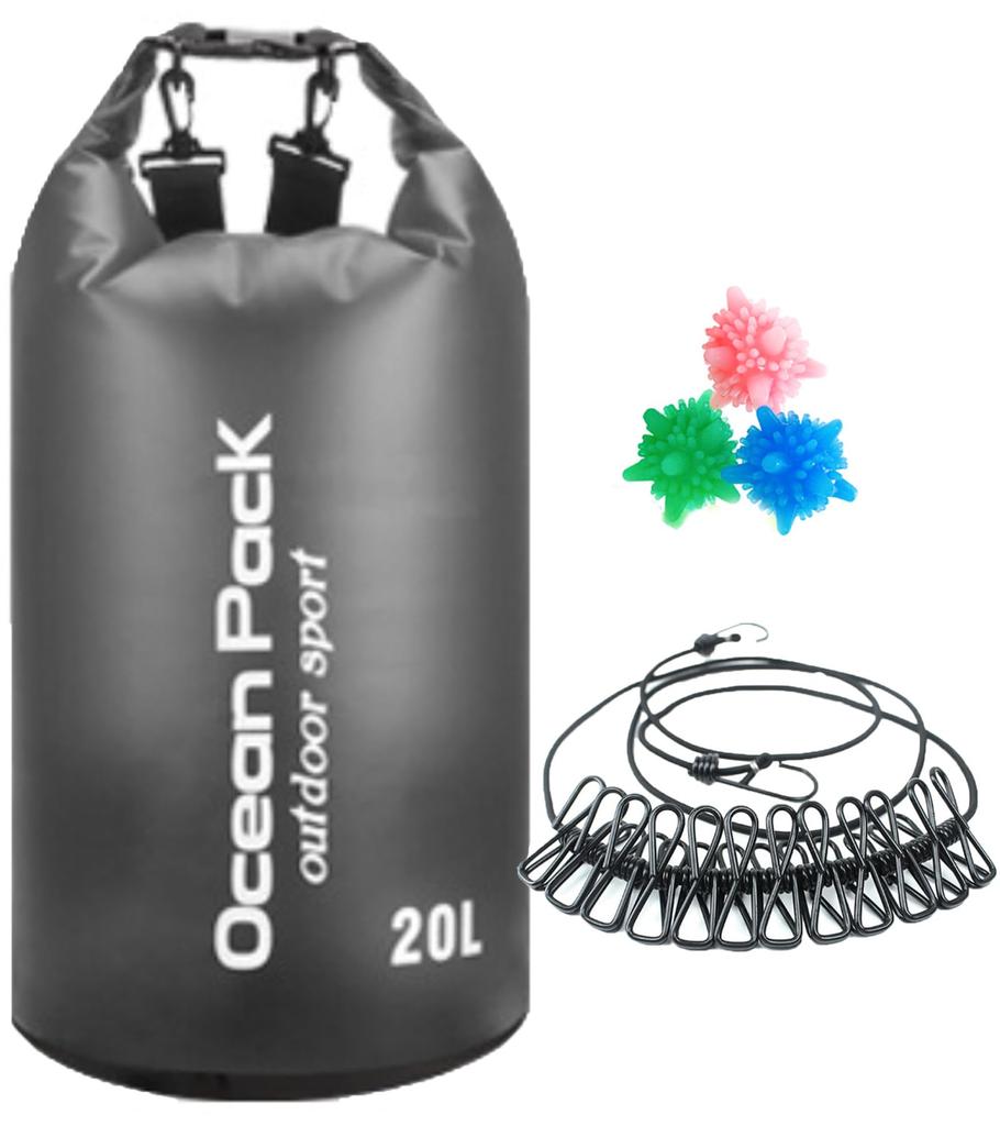 Laundry Travel Waterproof Bag Hand Convenient A'sTool Set, Bag, 10L, 20L, Compact, Clothesline, Packer, Washing, (Black)