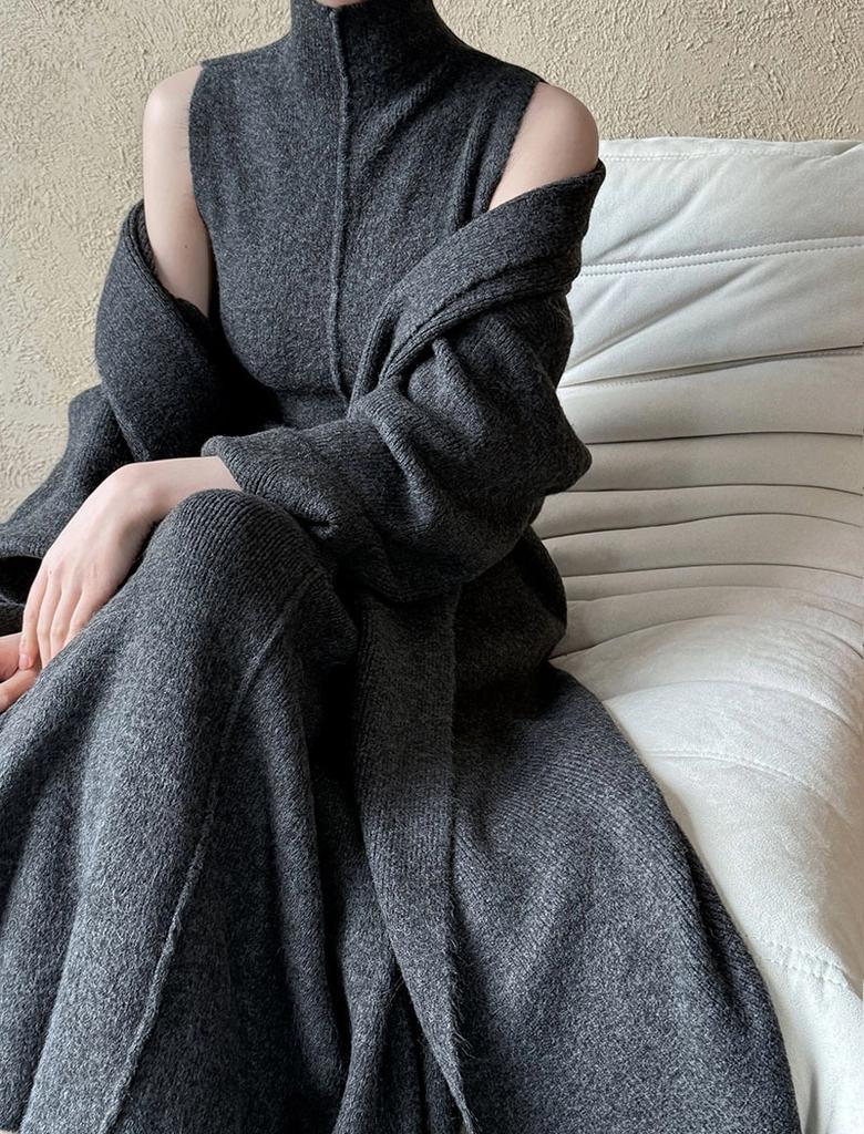 Cárdigan largo de punto, vestido de cuello alto, conjunto de dos piezas