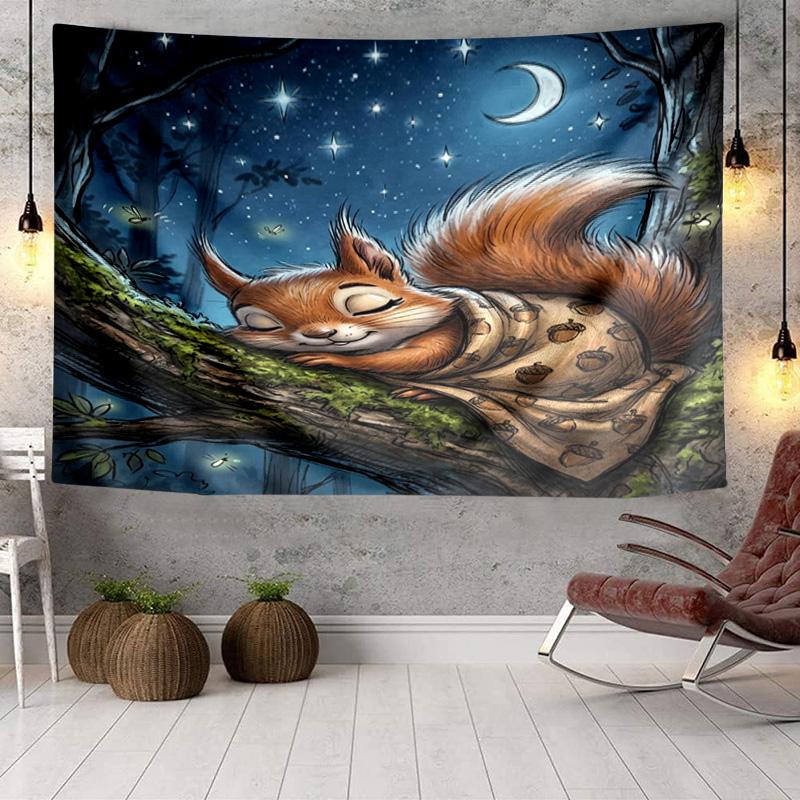 Squirrel Dreams Under Moonlight Tapestry, Unique Design Tapestry, Wall Decor for Bedroom,Livingroom, Playroom,Heartwarming Fan Holiday Gifts