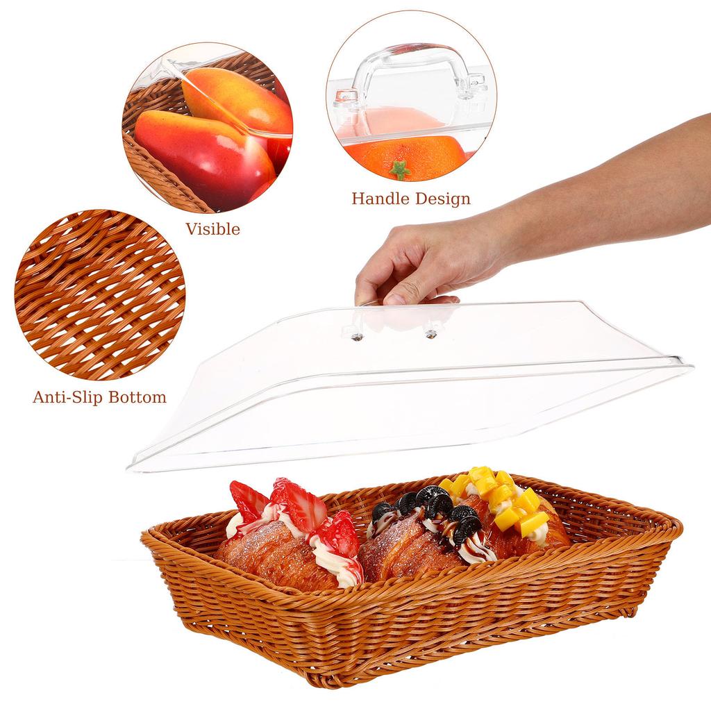 Simulated Rattan Bread Basket Transparent Cover Rustic Woven Storage Basket for Kitchen Restaurant Bakery Fruit Vegetable