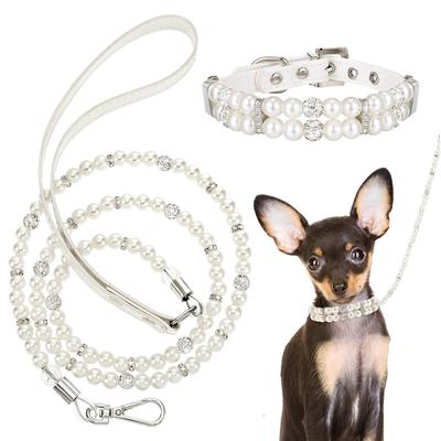 2Pcs Pearl Dog Collar Leash Set PU Leather Pearl Collar Leash with Crystal Rhinestone Luxury Dog Collars Neck Strap for Dog Cat