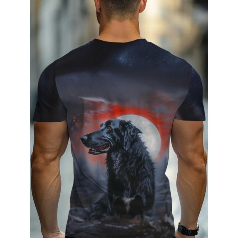 Men's Full-Body 3D Dog Moonlit Night Print T-Shirt - Hot Transfer Round Neck Short Sleeve Casual Summer