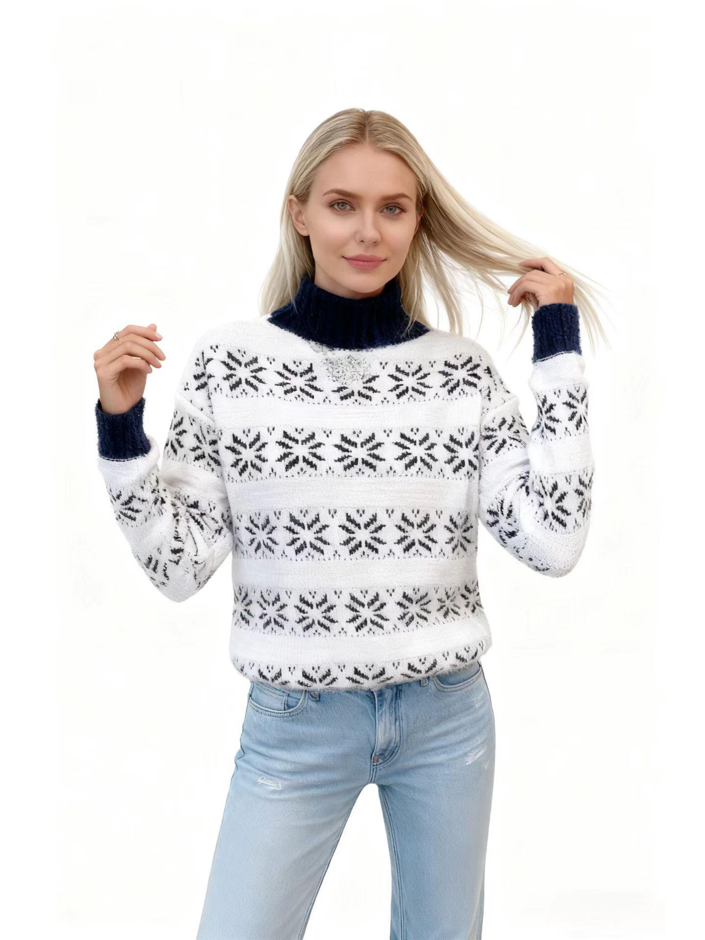

2025 Fall/Winter Women s Snowflake Pattern Semi-High Neck Sweater Small темно-синього кольору