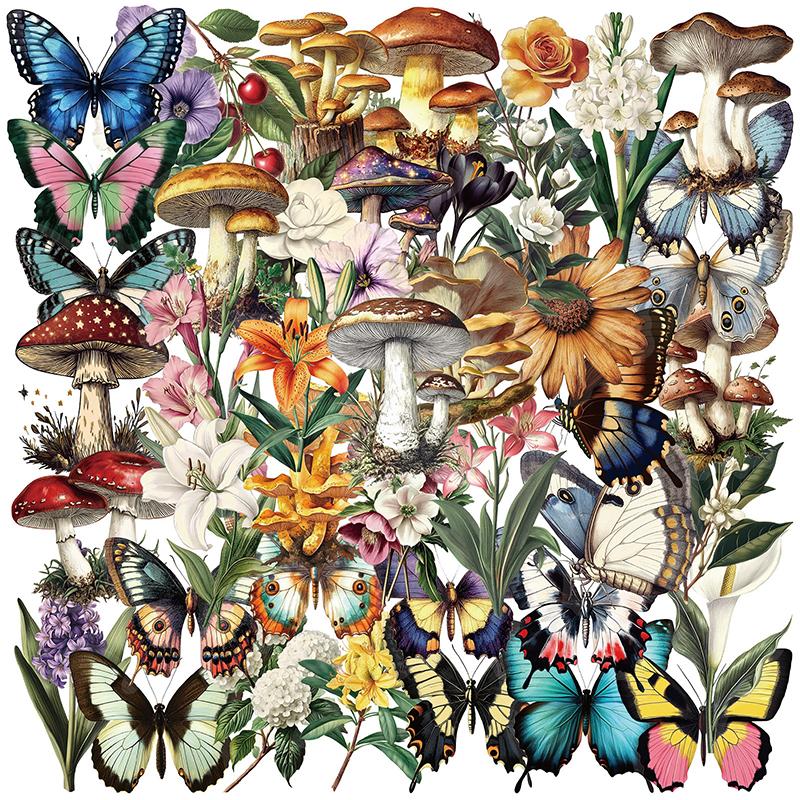 50pcs Retro Forest Mushroom Butterfly Graffiti Sticker Stationery Helmet Guitar Diary Water Bottle Decals