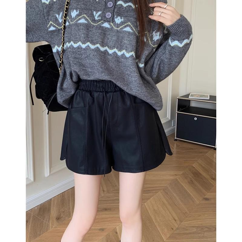 Women's High-Waisted PU Leather Shorts: Autumn 2024 A-Line Wide-Leg Elastic Boot Pants.
