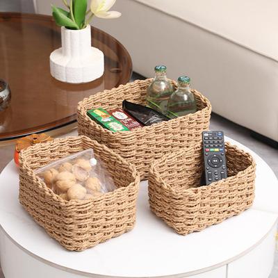 3 Stück Handgefertigter Stroh Gewebter Weicher Runder Papierkordel Aufbewahrungskorb Zum Organisieren Dekorative Aufbewahrungsbehälter Büro Aufbewahrungsbox