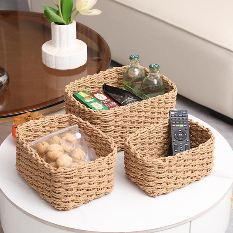 3Pcs Handmade Straw Woven Soft Round Paper Rope Storage Basket For Organizing Decorative Storage Bins Office Storage Box