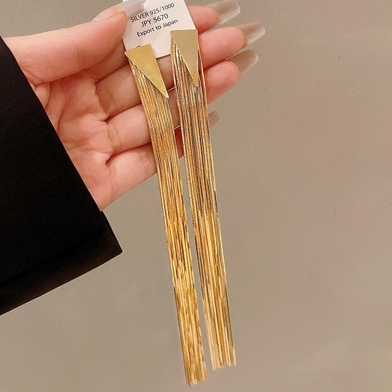 

Real gold electroplated silver needle long fringed earrings, European and American fashion cold wind earrings, niche high-end earrings