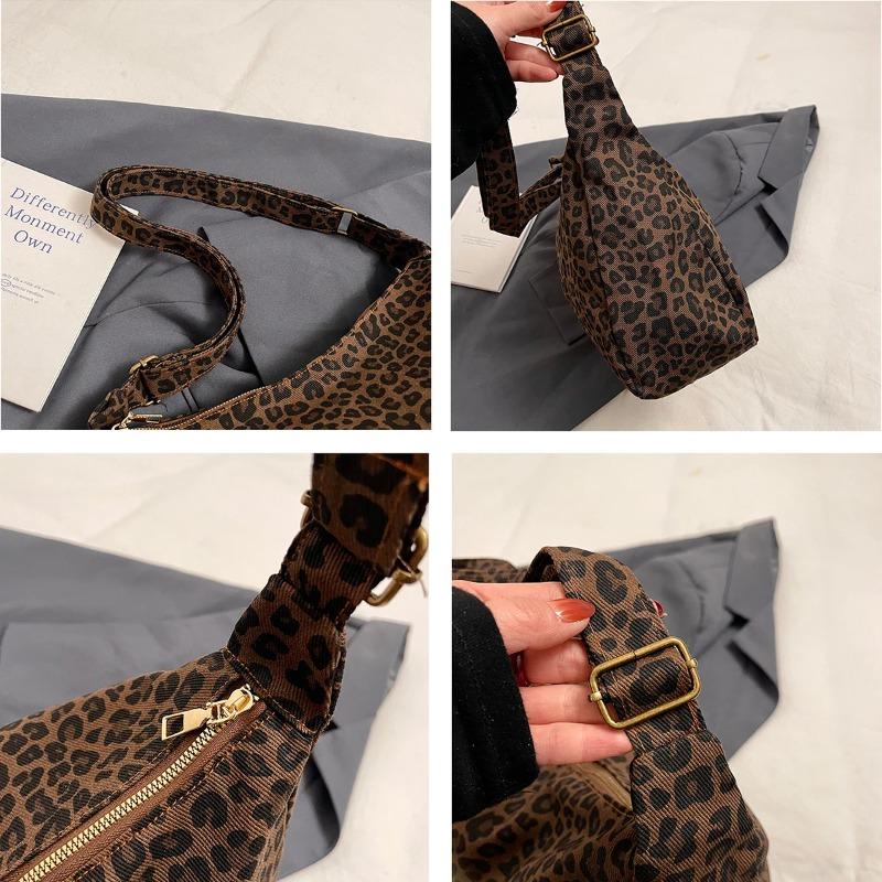 Trendy Casual Soft Textile Women's Shoulder Bag Large Capacity Leopard Print Female Retro Crossbody Bag for Commute Outings