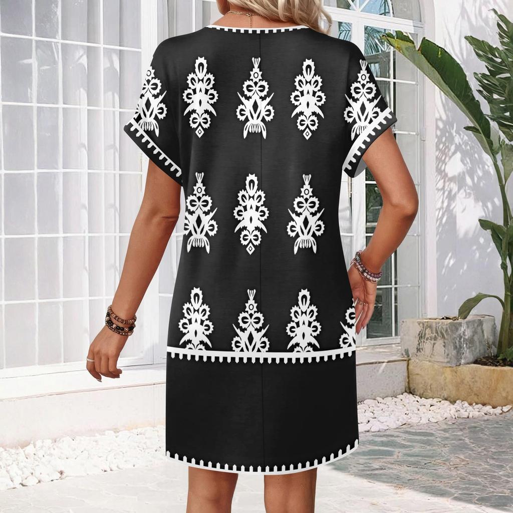 Women's Fashionable Floral Print V-neck Short Sleeved Pocket Casual Pullover Dress