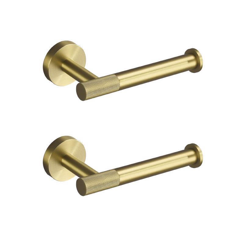Luxury Brushed Gold Bathroom Accessory Set: Towel Rack, Bar, Paper Holder, Hook, Soap Dispenser.