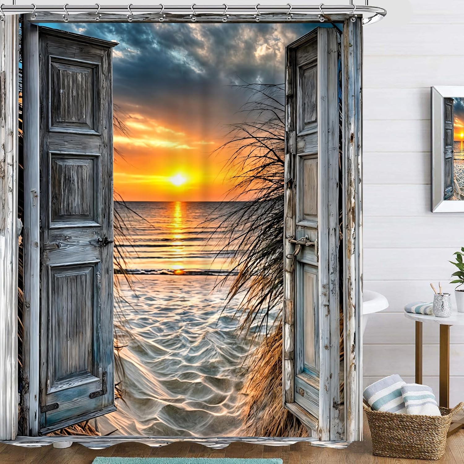 

Ocean Beach Summer Coastal Shower Curtain 60Wx72L Inch Seaside Sea Wave Scenery Hawaiian Nautical Sunset Landscapebarn Door Bath W60H190(CM)-1 Pcs