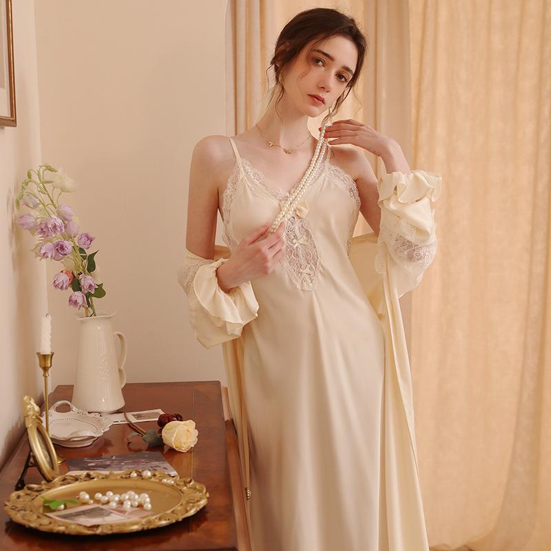 

Женский длинный халат, комплект из 2 предметов, сексуальный атласный халат с открытой спиной и ночная рубашка, кружевная ночная рубашка для женщин XL жёлтый