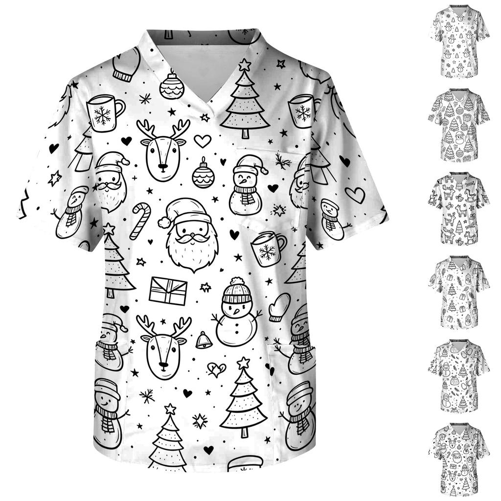 Men's Short Sleeve V-Neck Caregiver Top with Christmas Print and Chest Pocket