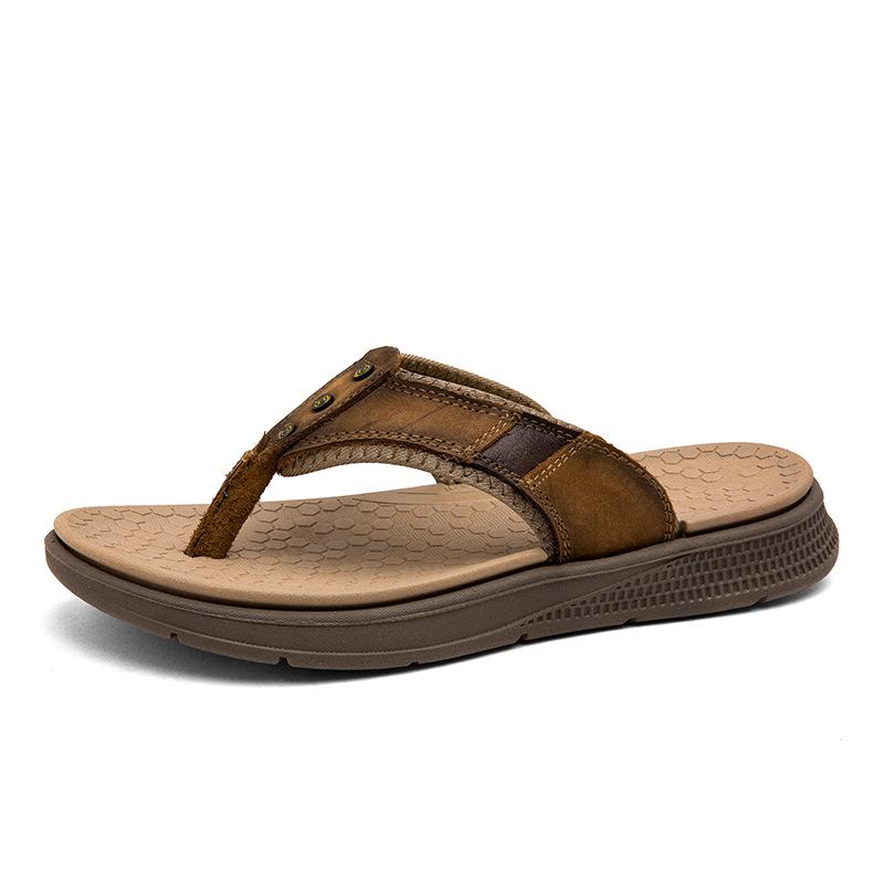 Men s Outdoor Beach Cowhide Flip-Flops - Breathable Casual Large Size Toe Post Sandals 44 хаки
