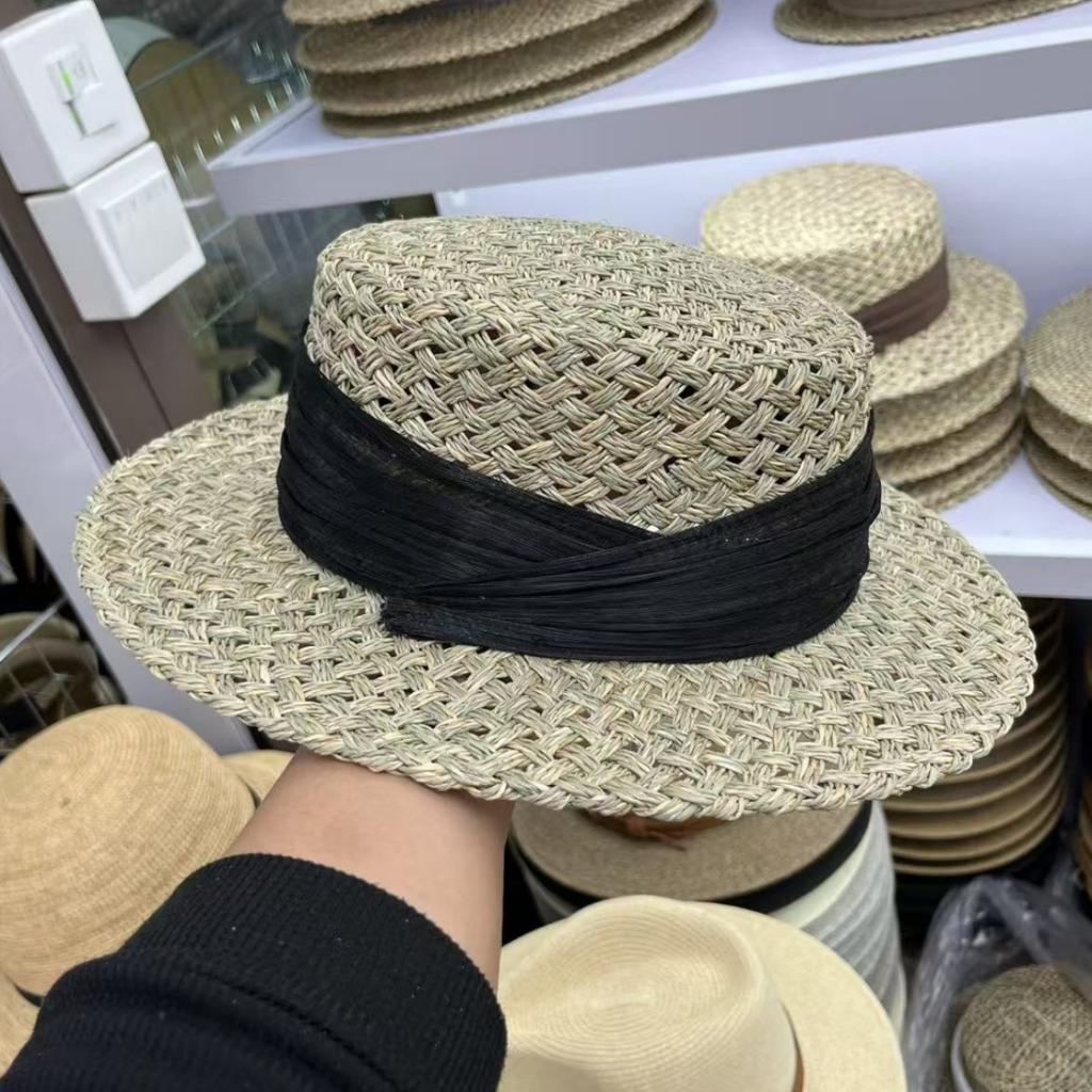 Silk hemp summer new fashion elegant salty grass flat top straw hat outdoor sun protection sunshade wide brim beach hat