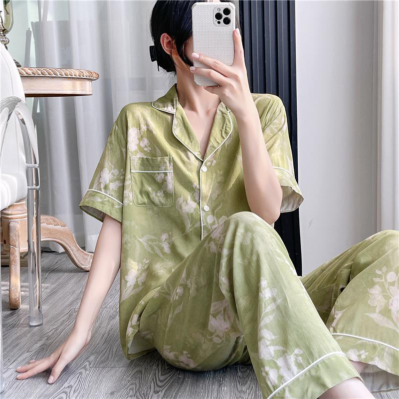 Korean version of sweet girl short-sleeved pajamas women's spring summer cotton and silk shirt collar can be worn outside loungewear princess