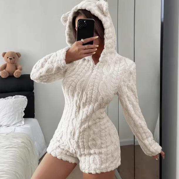 Tuta Peluche con Cappuccio a Manica Lunga da Donna 2026 - Colore Unito Casual per Autunno e Inverno