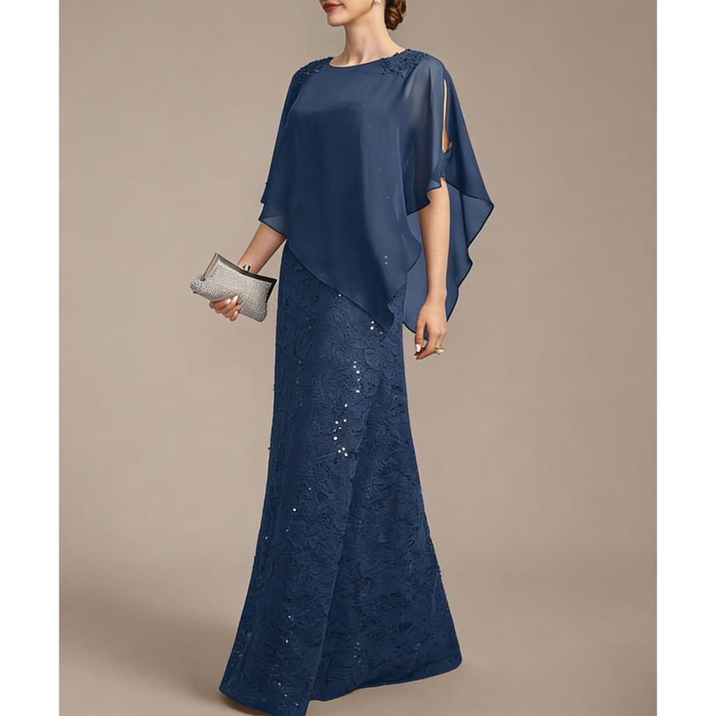 New Plus Size Women's Lace Evening Dress with Chiffon Shawl, Bodycon Formal Party Gown for European American