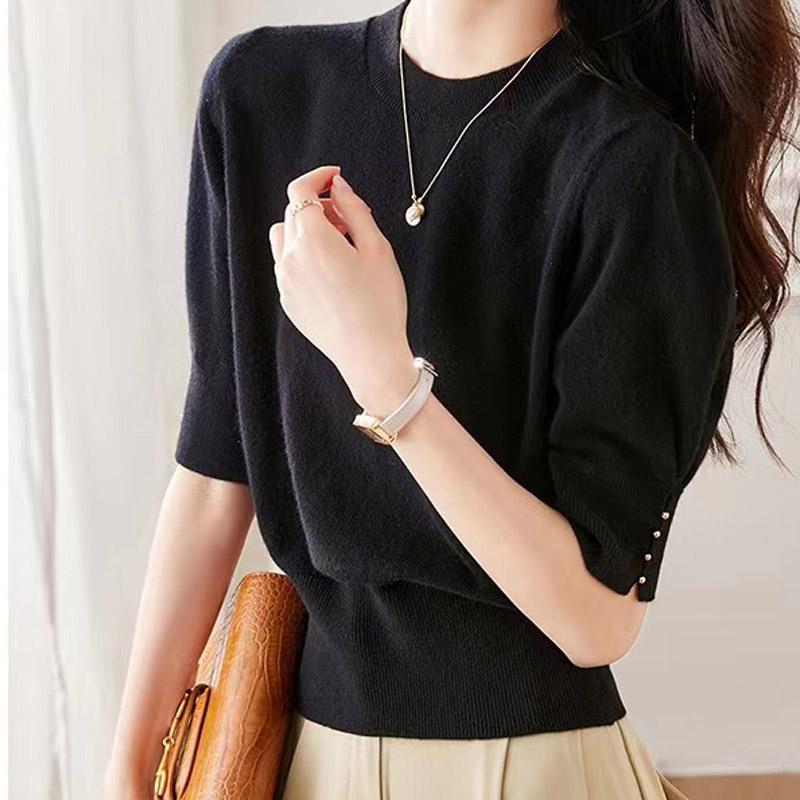 Women Sweaters Pullovers 2025 Summer Short Sleeve O-Neck Black White Knitted Sweater Women Tops Pullover JJ326