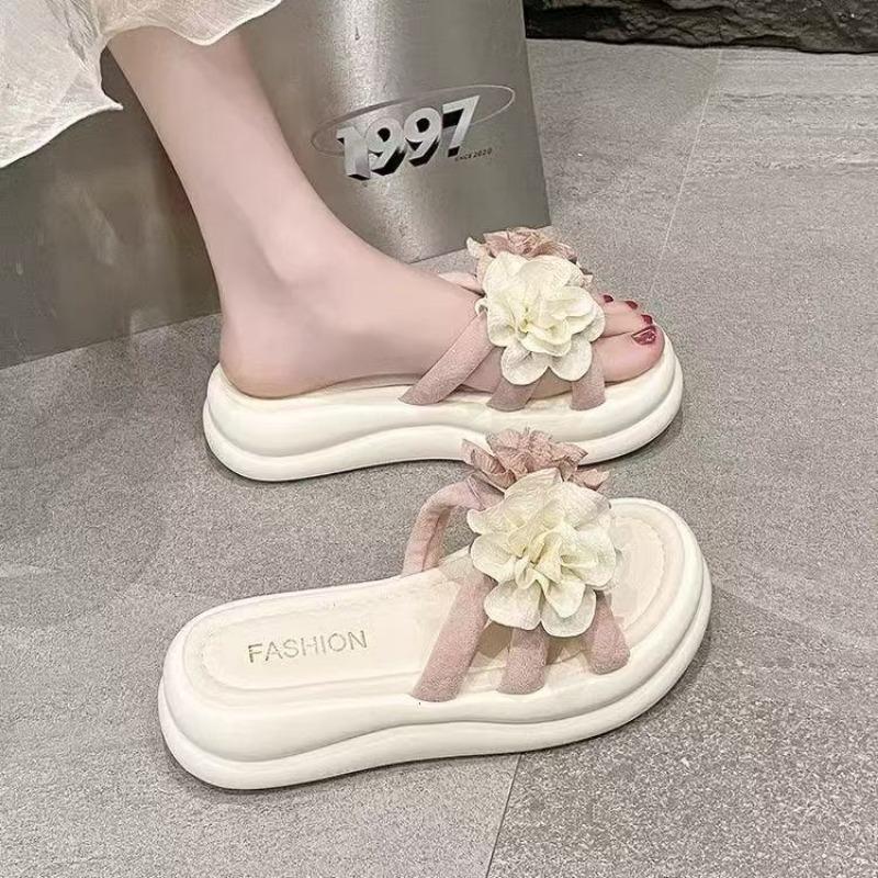 New One-word Slippers Women's Summer Wear Two-color Flower Thick-bottomed Cool Slippers Fashionable Non-slip Comfortable Beach Sandals