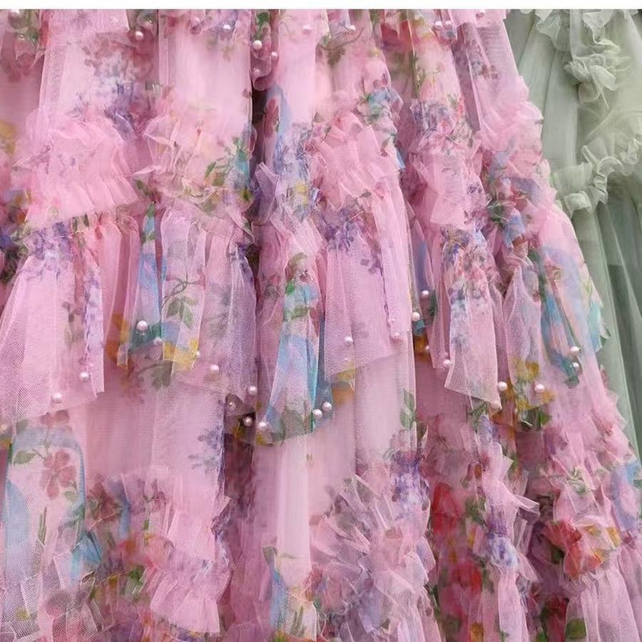 Reinforcement Nail Pearl Patchwork Printed Mesh Cake Dress Half Skirt for Girls New Hollow Out Long Dress