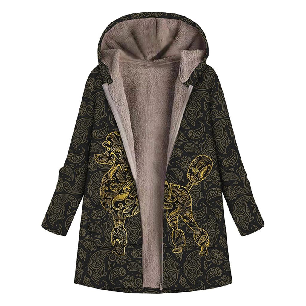 Women's Casual Large Print Zipper Plush Hooded Long Sleeve Coat With Pockets