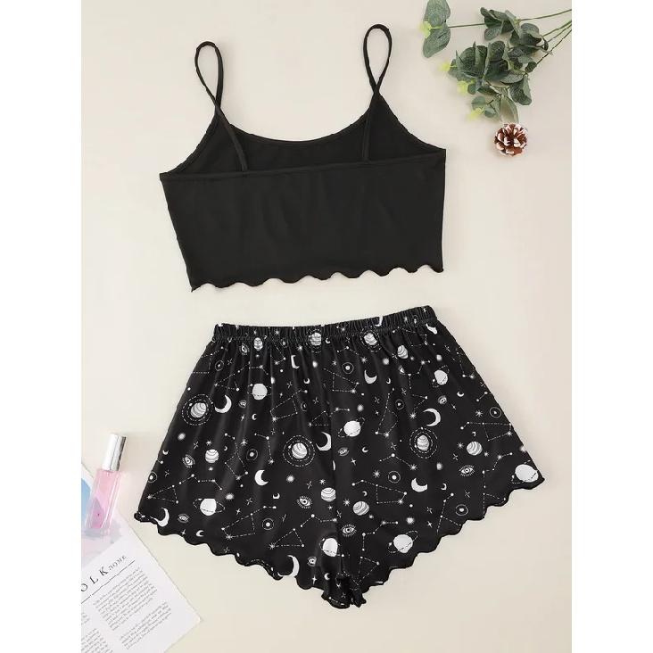 Summer Sleepwear for Women Pajamas Set Star Moon Printed Sleeveless Sling Crop Tops and Shorts Set Homewear Loungewear Pijama