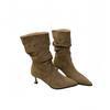 Mi Ting Mid Boots Retro Suede Wrinkled Thin Stacking Boots Women's Autumn and Winter Pointed High Heel Thin Boots Simple Short Boots
