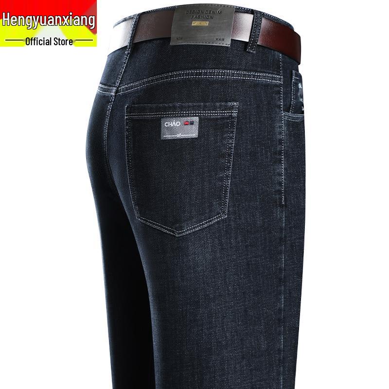 Hengyuanxiang Herren Schwarze Elastische Straight-Leg Jeans - Trendige, Waschbare und Strapazierfähige Freizeithosen für Herbst und Winter.