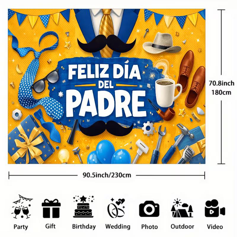 2D Feliz Dia del Padre Backdrop with Tools, Coffee & Mustache Party Decoration Banner