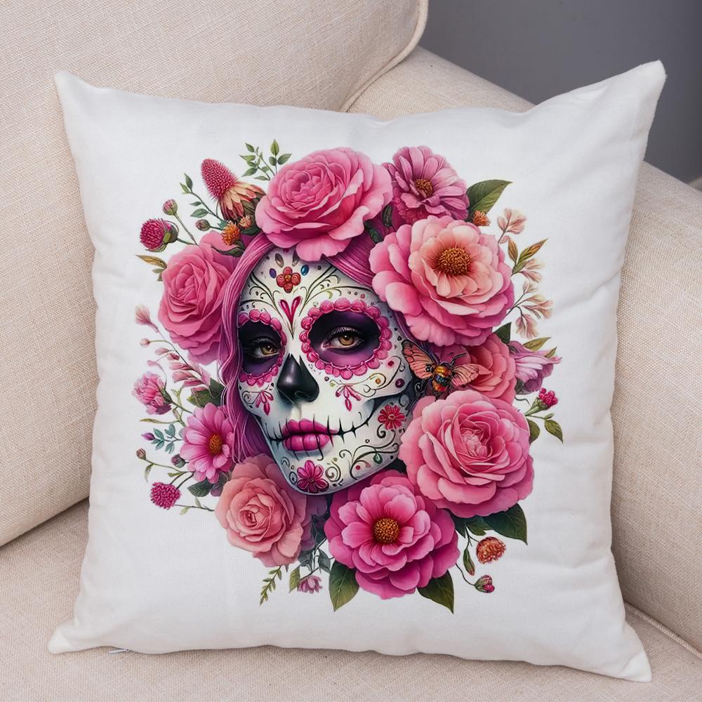 Vibrant Dahlia Sugar Skull Pillowcase Double Print Red Rose Skull Cushion Cover Soft Plush Pastel Floral Skull Pillowe Case