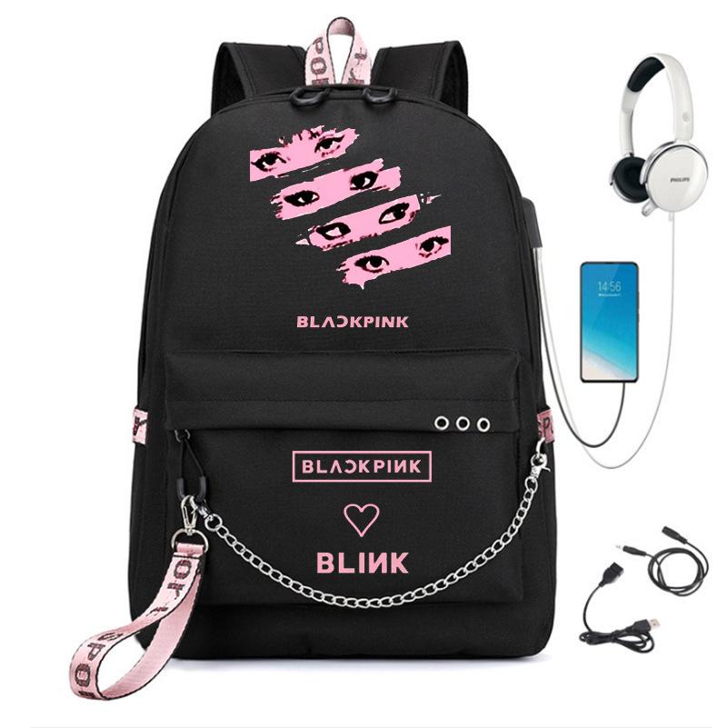 Fashion Black Backpack Pink Girl School Bag Travel Bag Laptop Chain Backpack Usb Headphone Port
