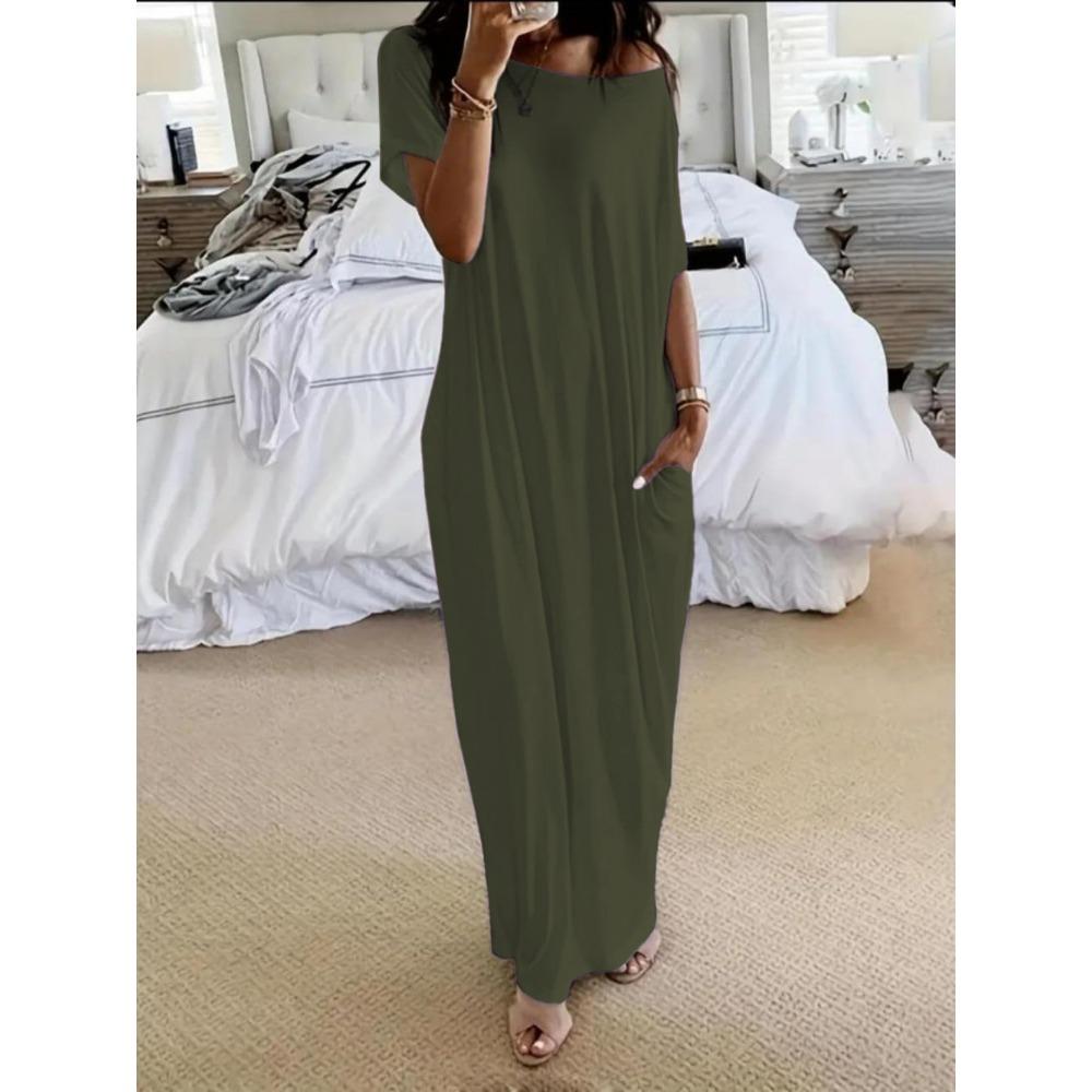 Summer Women's Solid Color Short Sleeve Long Casual Dress