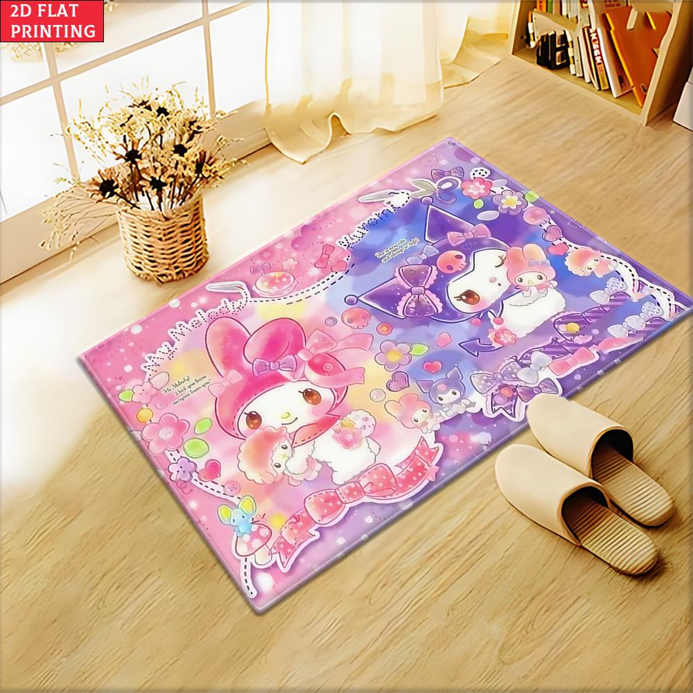 Kawaii Cute Cartoon Friends Doormat, 2D Print Non-slip Floor Mat, Pink Purple Flower Entrance Rug for Girls Bedroom Decor Gift