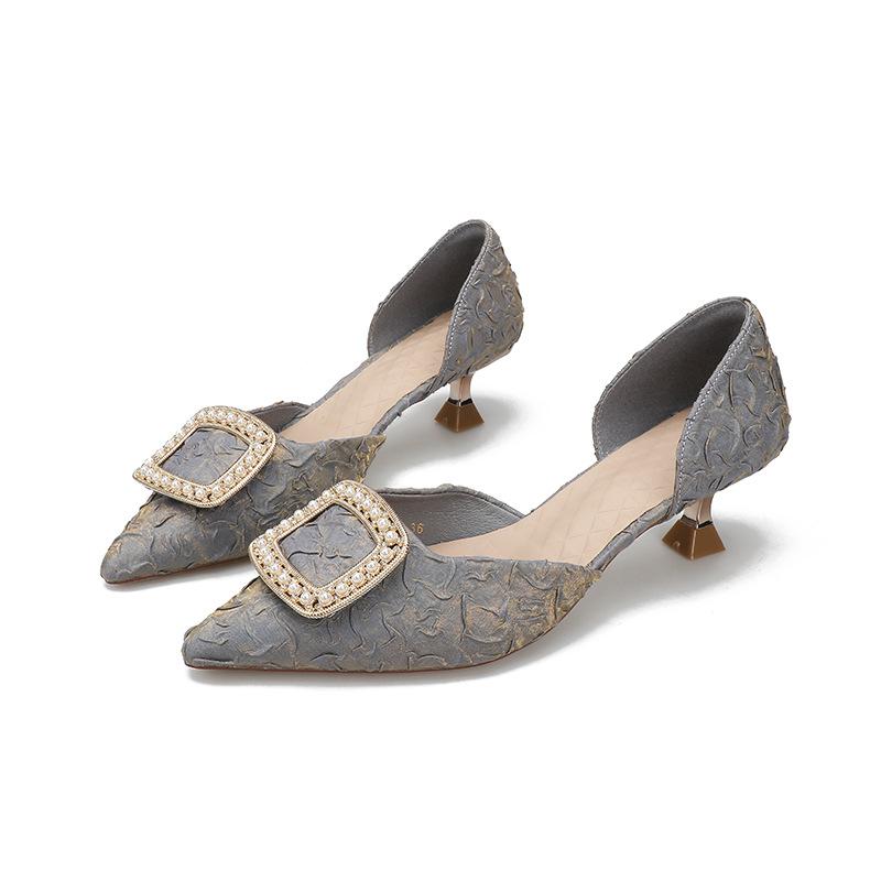 2025 New Summer Fairy Style Fashion Bag Head Hollow Sandals Women's Middle Heel Satin Pointed Head Small High Heel Single Shoes