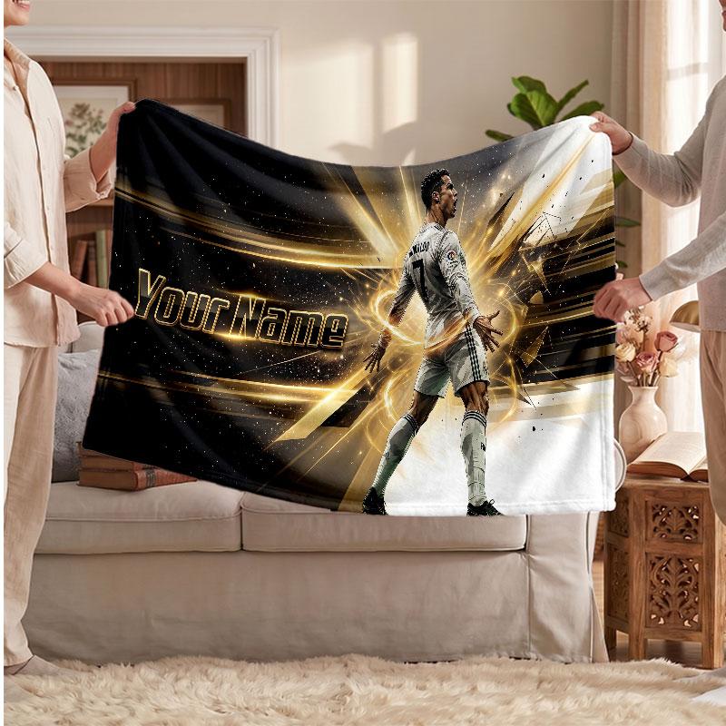 Cristiano Ronaldo Personalized Fleece Blanket With Football Logo, Custom Name Text Soft Warm Home Throw Blanket