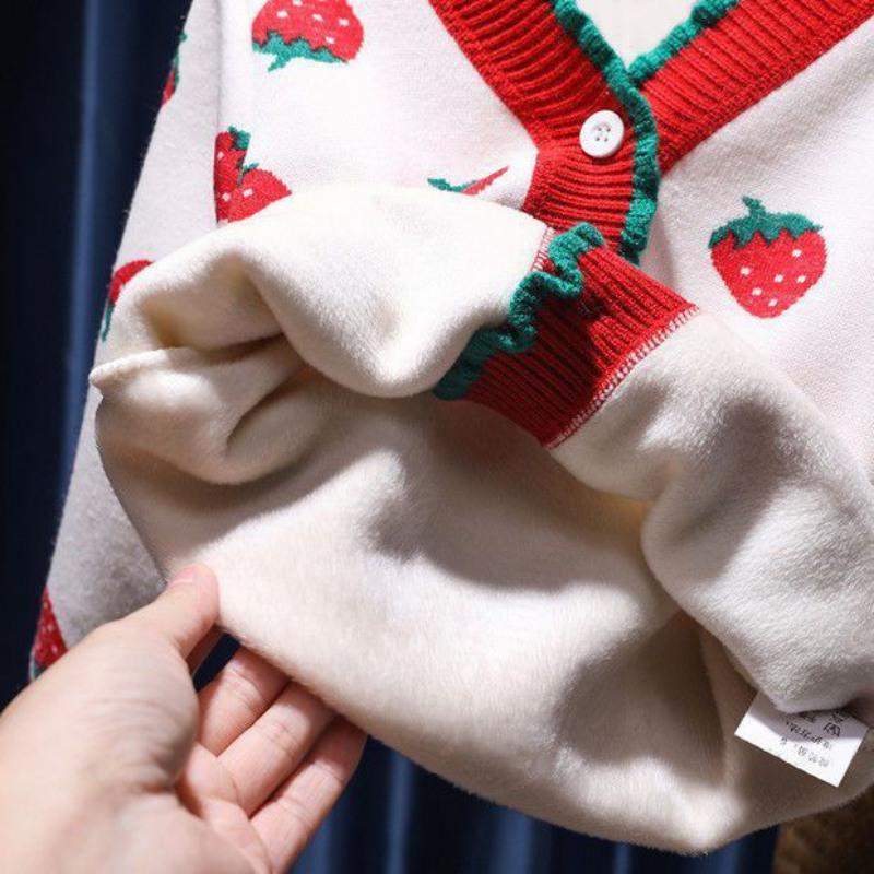 Girls Knitted Cardigan Button V-Neck Sweater With Cute Strawberry Jacquard Kids Long Sleeve Sweater