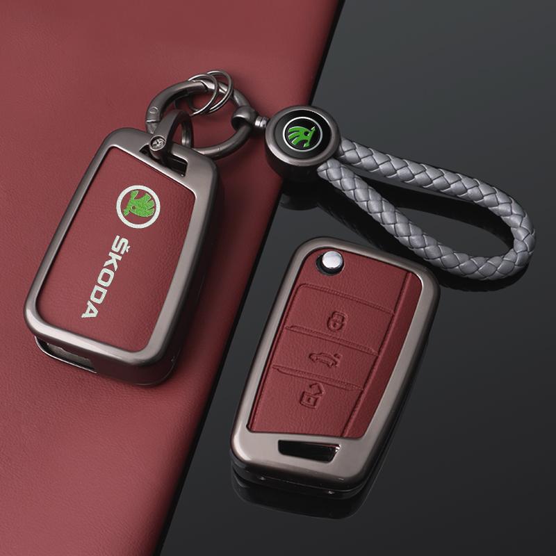 EMIW1 Zinc Alloy Leather Car Remote Key Case Fob Cover Holder Shell for Skoda Octavia Kodiaq Karoq Protector Keychain Accessories
